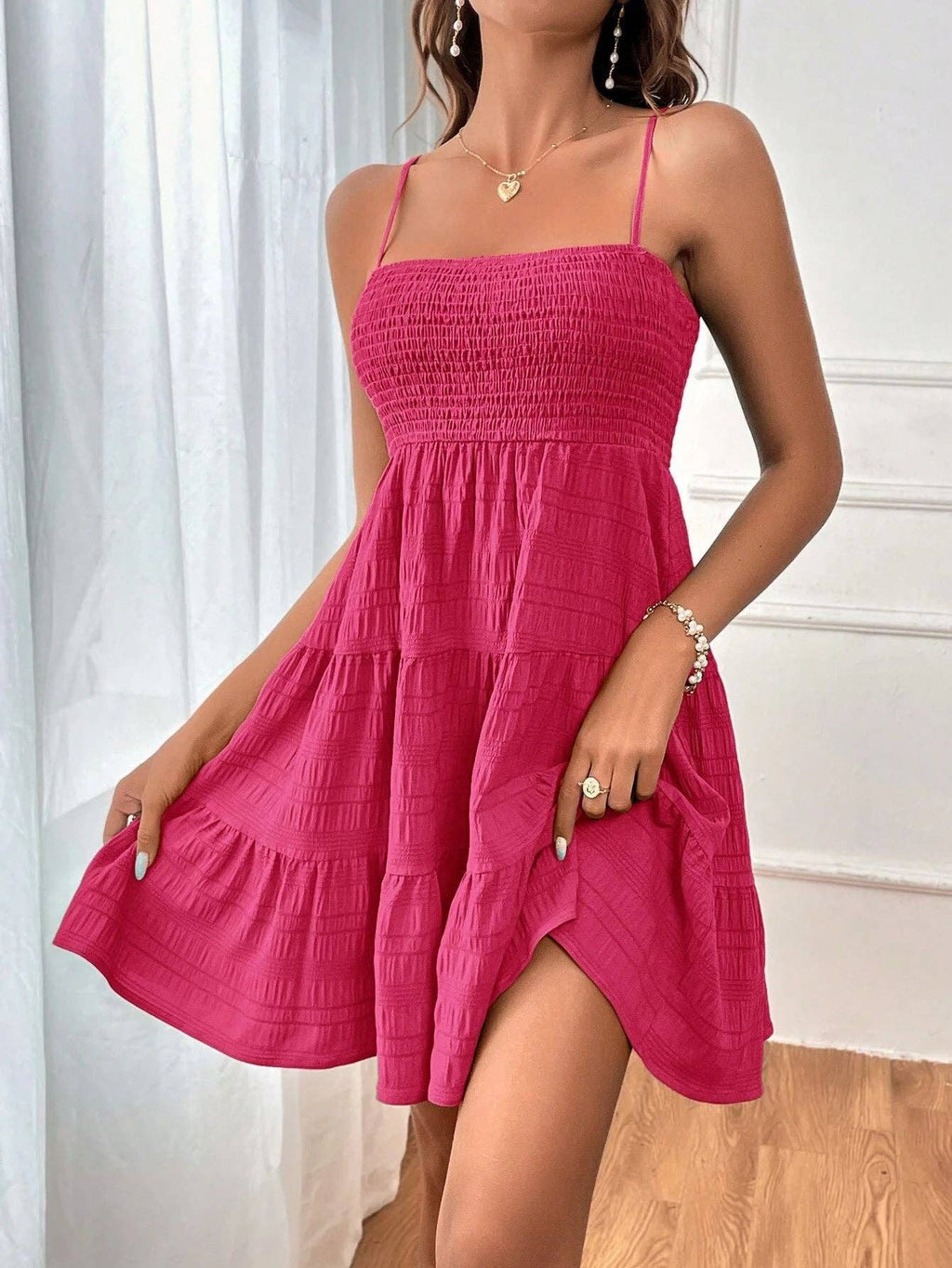 Women’s Smocked Spaghetti Strap Tiered Mini Dress