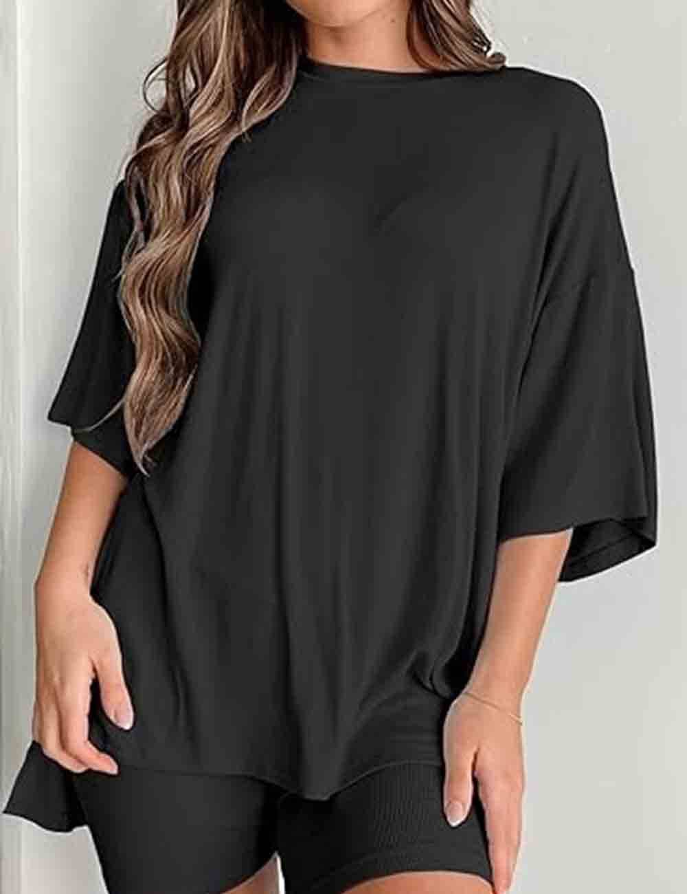 Ladies Round Neck Solid Color Short Sleeves Top & Shorts 2PCS Set
