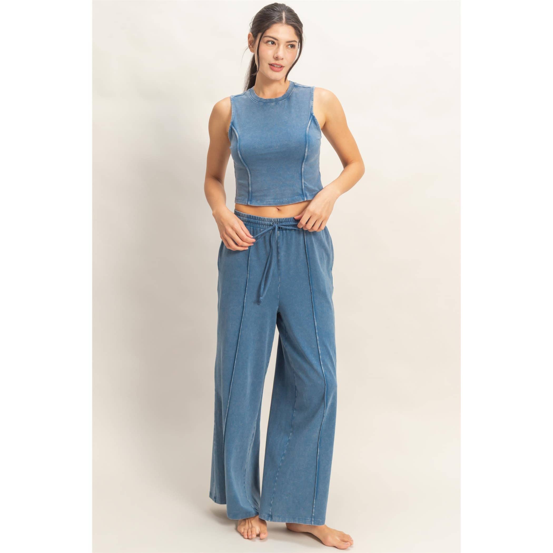 Mineral Washed Sleeveless Top & Wide Leg Pants Set