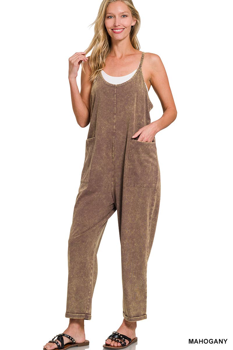 `.Washed Spaghetti Straps Overalls W/ Pockets