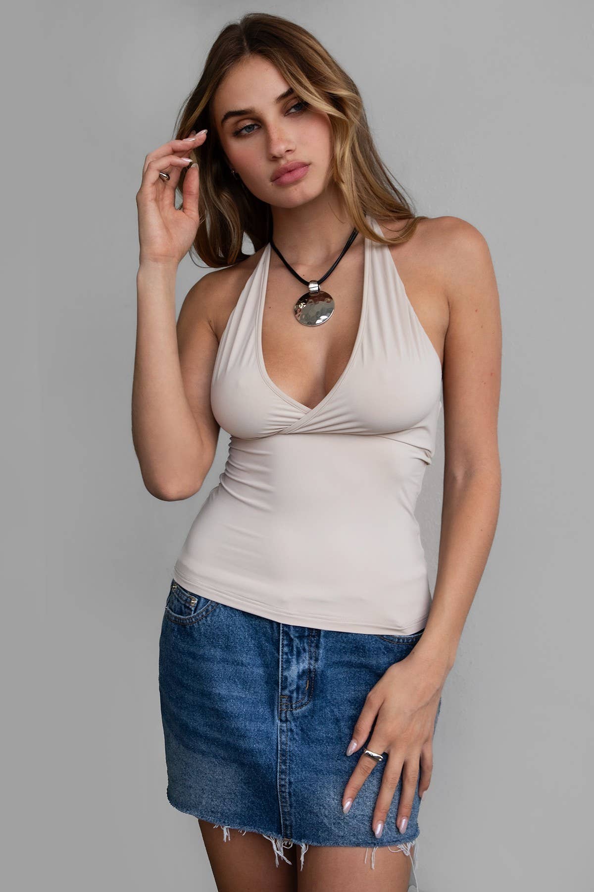ELLY Elevated Basic Halter V Neck Cami Top