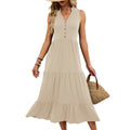 Sleeveless V-Neck Button Down Tiered Midi Dress Casual Summer