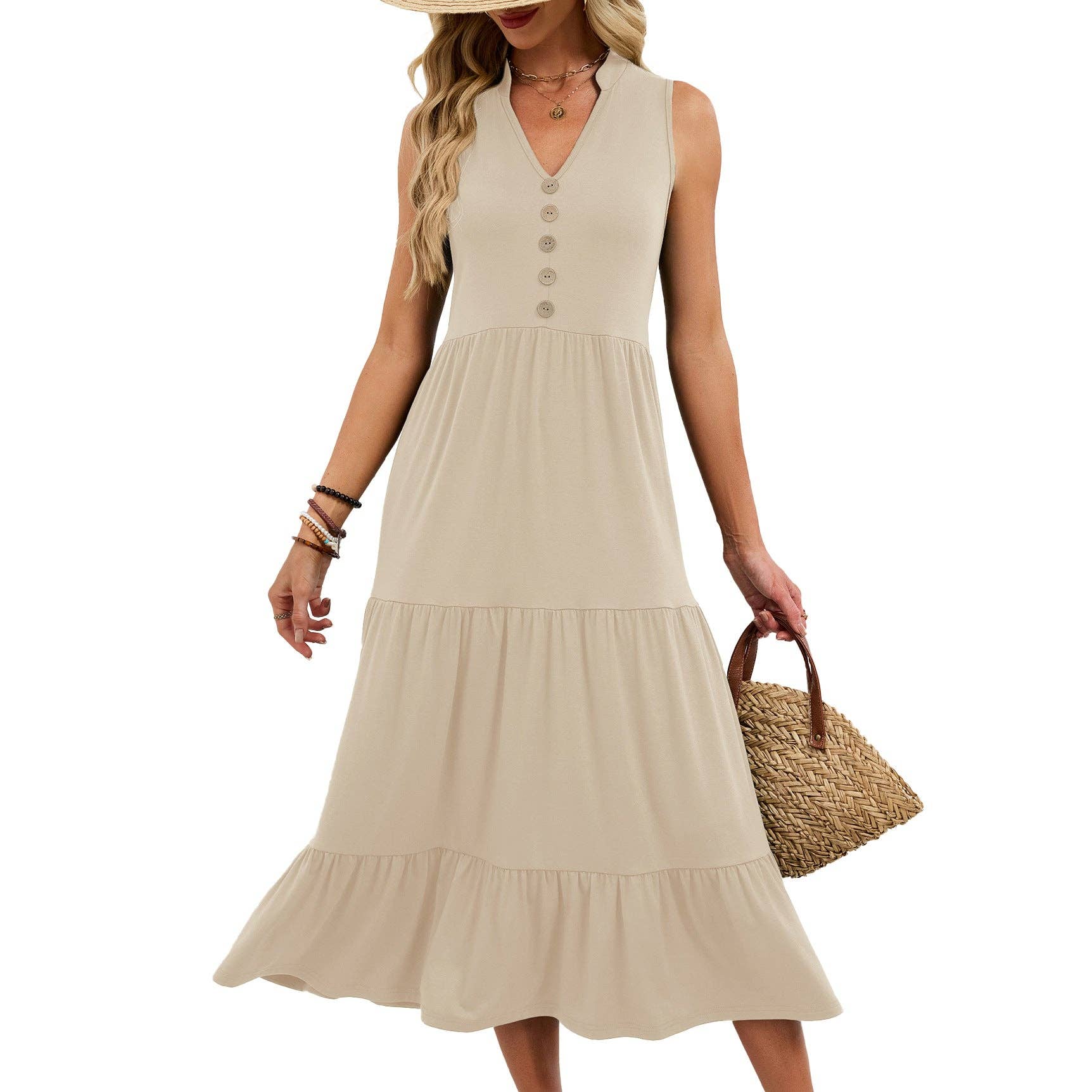 Sleeveless V-Neck Button Down Tiered Midi Dress Casual Summer