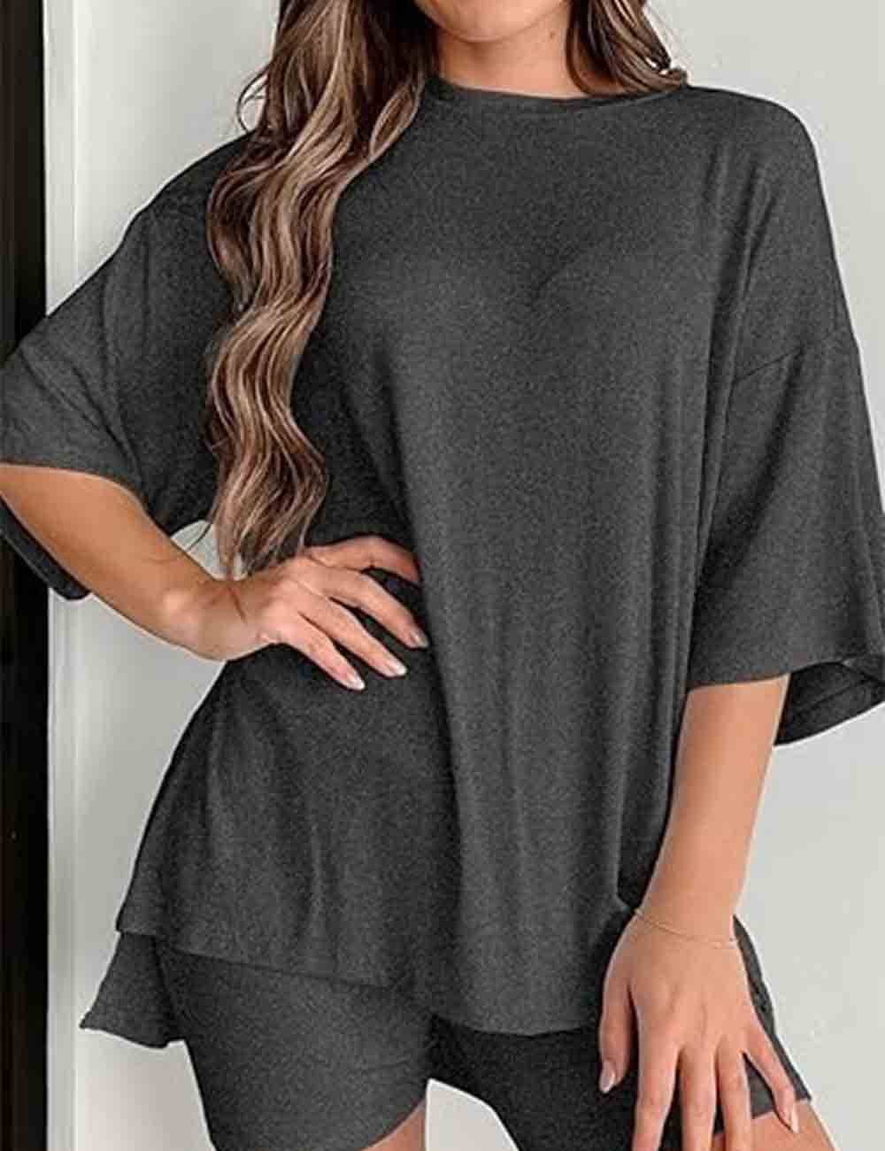 Ladies Round Neck Solid Color Short Sleeves Top & Shorts 2PCS Set