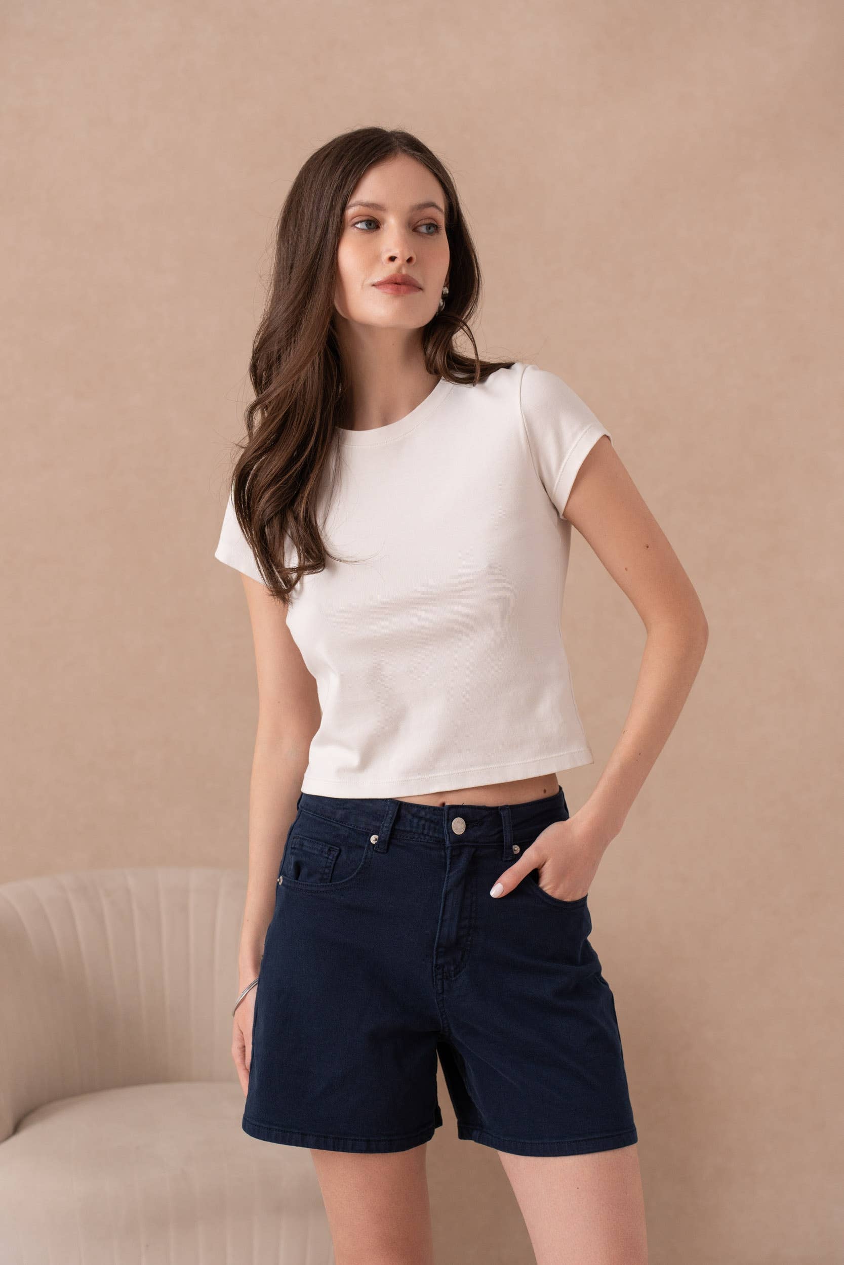 Mom-style denim shorts