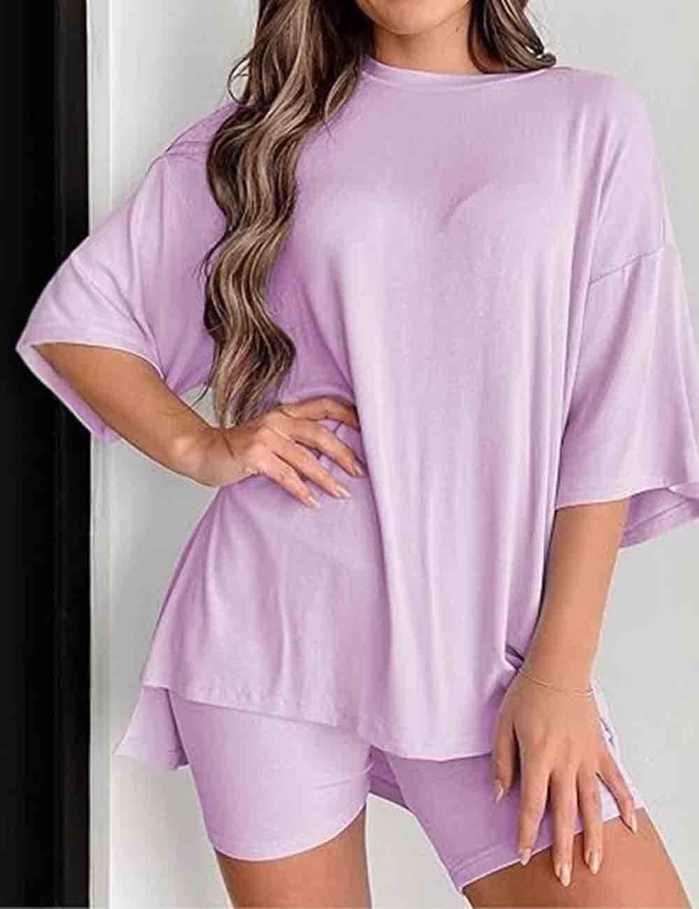 Ladies Round Neck Solid Color Short Sleeves Top & Shorts 2PCS Set