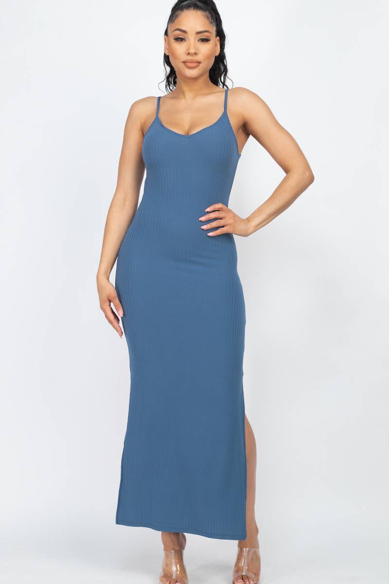 Ribbed Side Slit Long Cami Dress