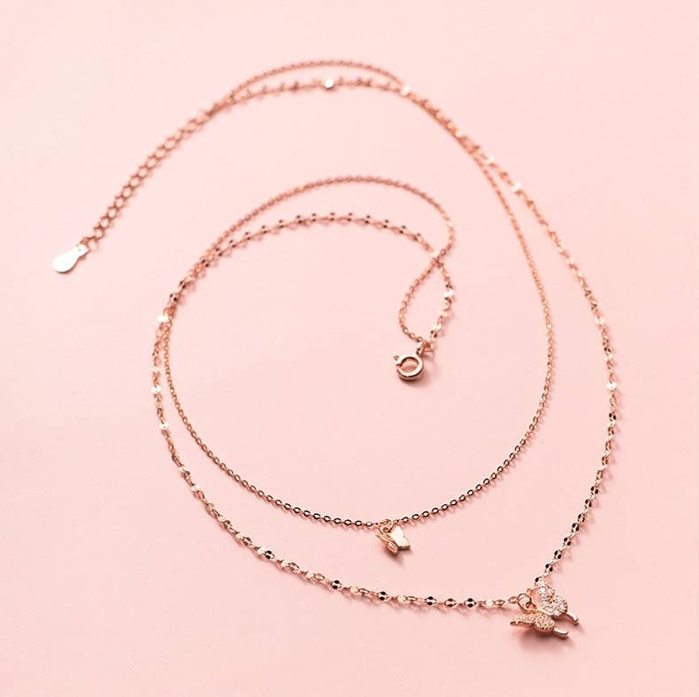 Butterfly Double Layering Necklace in 925 Sterling Silver
