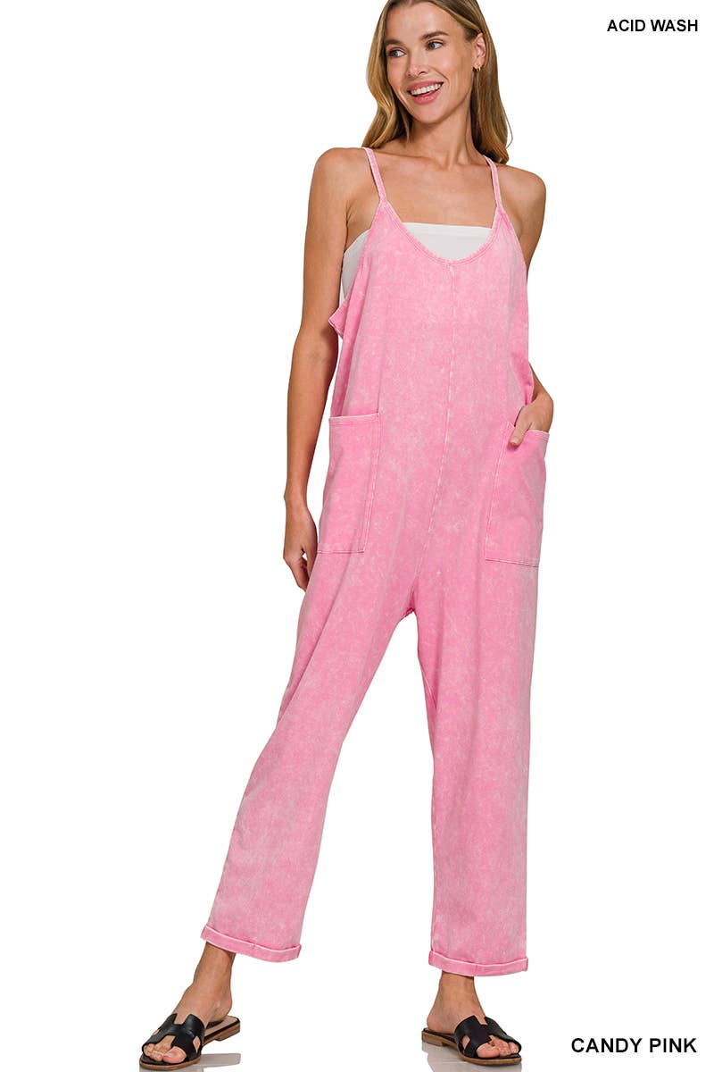 `.Washed Spaghetti Straps Overalls W/ Pockets