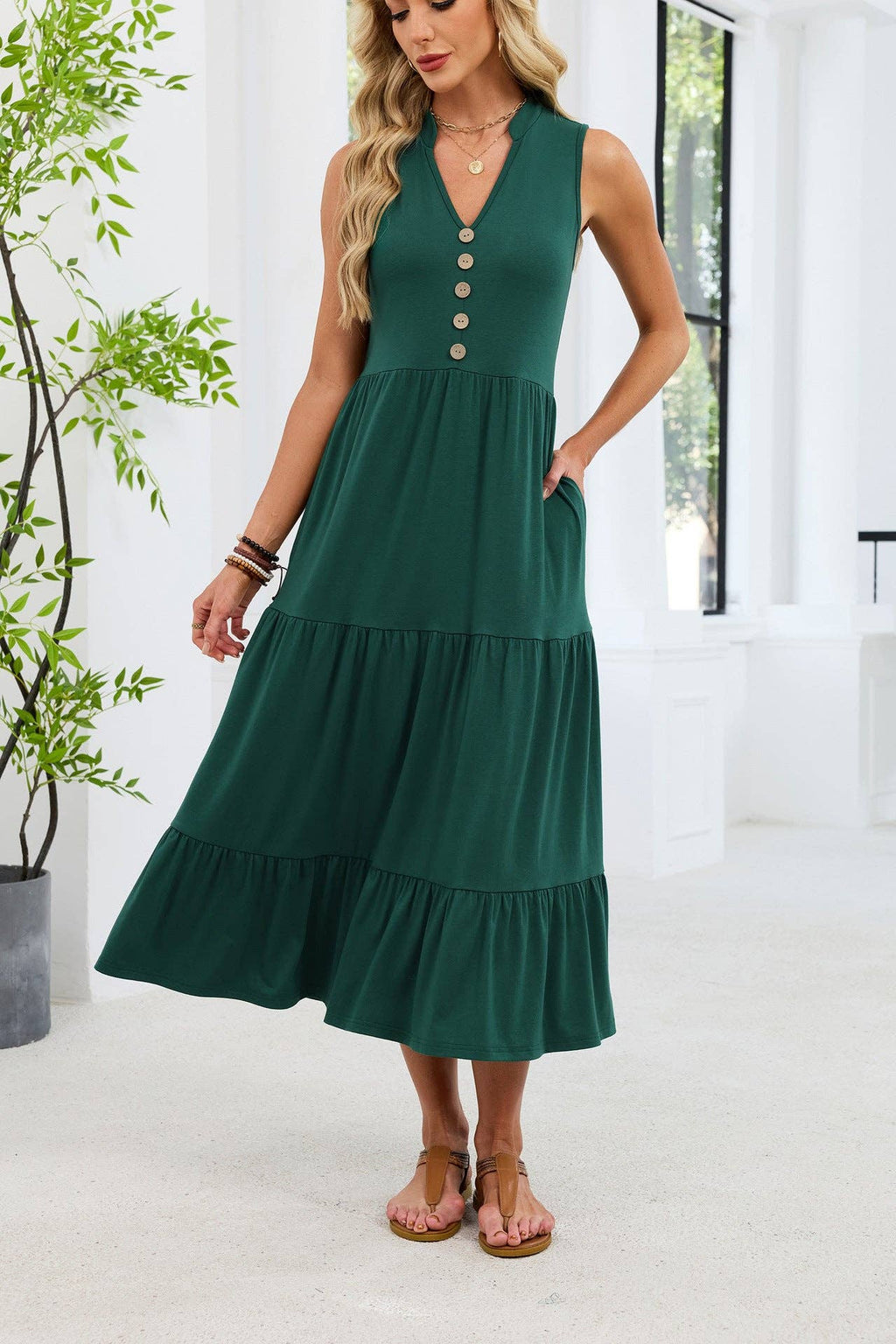 Sleeveless V-Neck Button Down Tiered Midi Dress Casual Summer