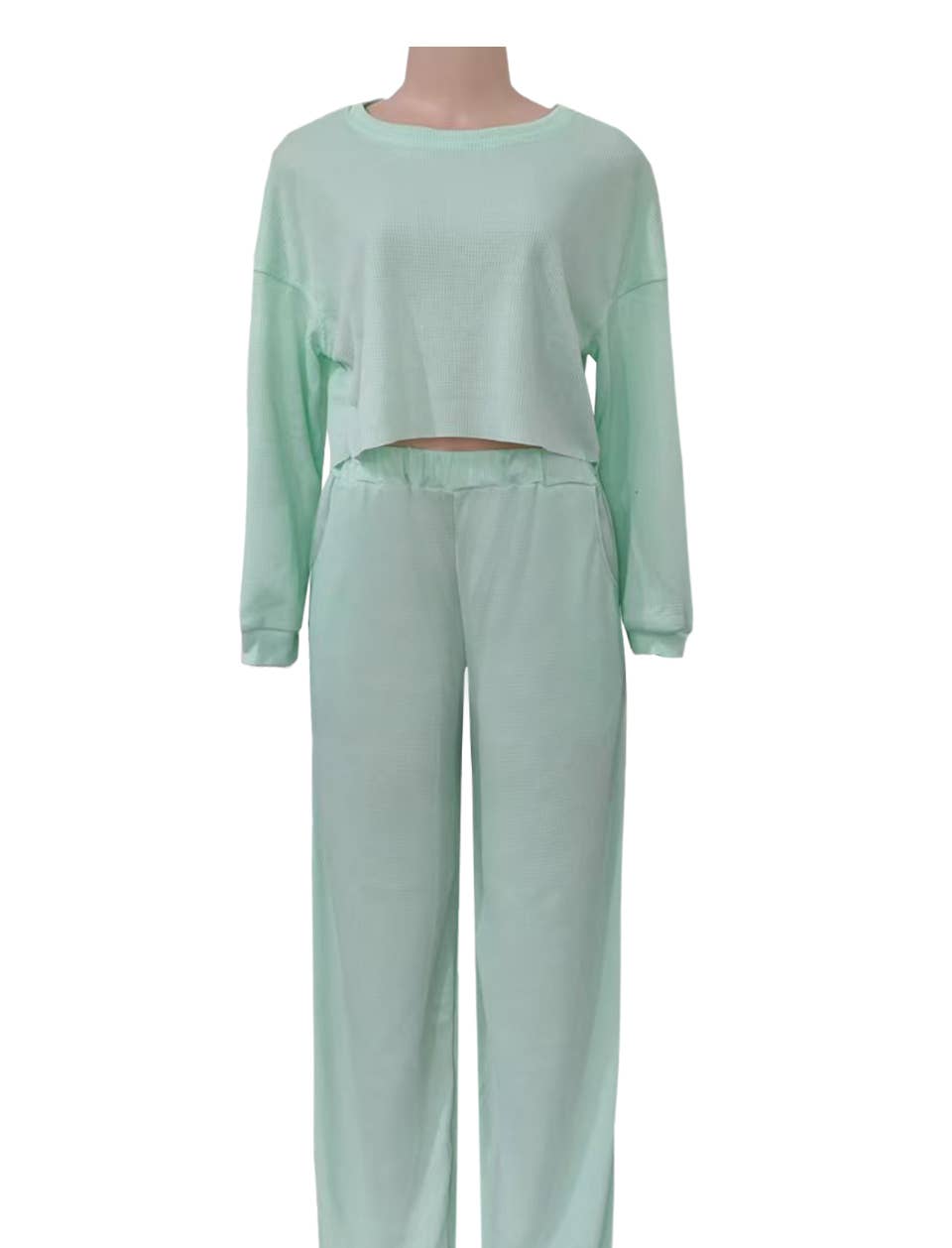 Waffle long sleeve crop top wide leg pant 2 piece set