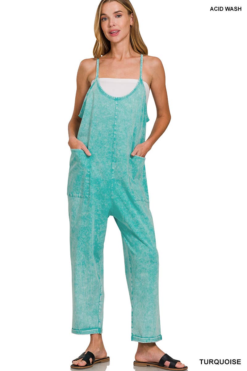 `.Washed Spaghetti Straps Overalls W/ Pockets