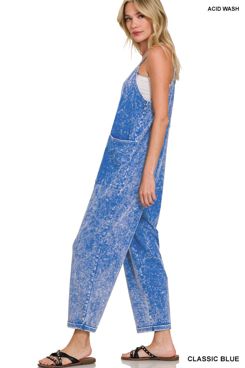 `.Washed Spaghetti Straps Overalls W/ Pockets