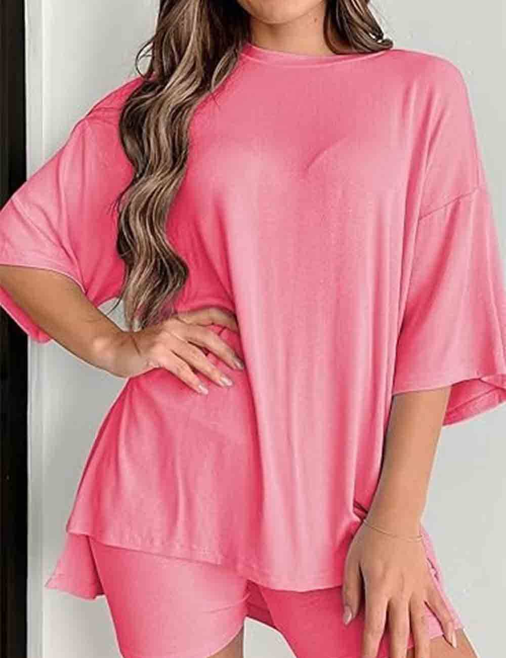 Ladies Round Neck Solid Color Short Sleeves Top & Shorts 2PCS Set