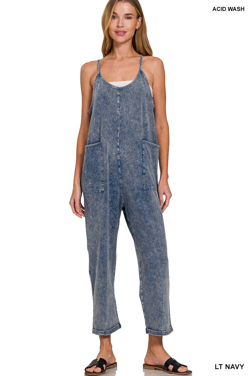 `.Washed Spaghetti Straps Overalls W/ Pockets
