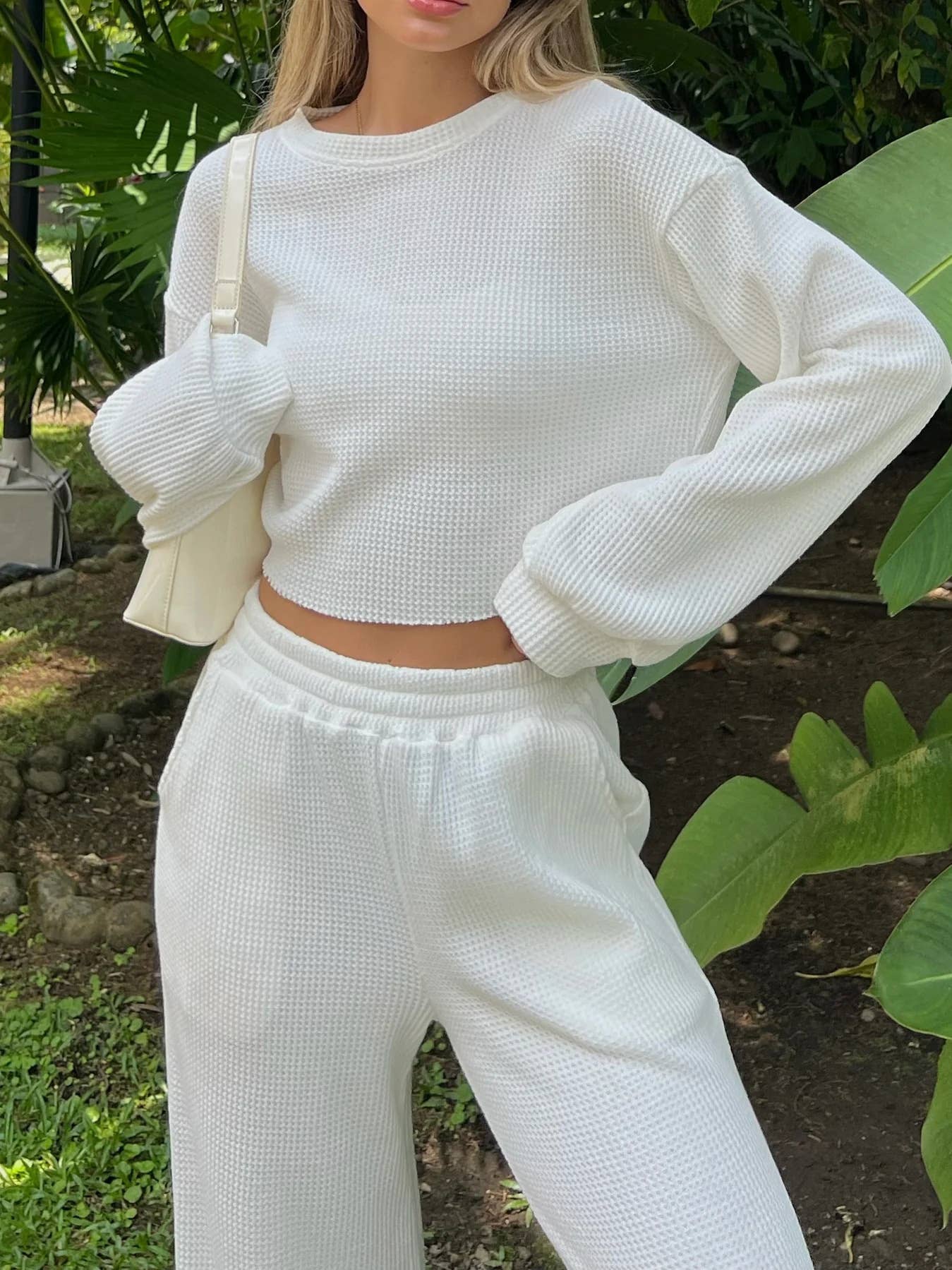 Waffle long sleeve crop top wide leg pant 2 piece set