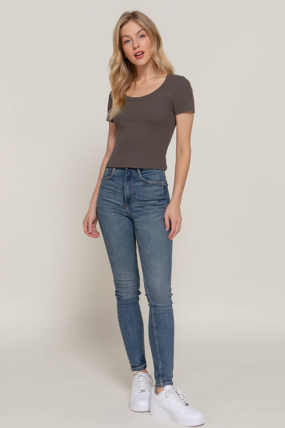 Short Sleeve Round Neck Cotton Rib Knit Top