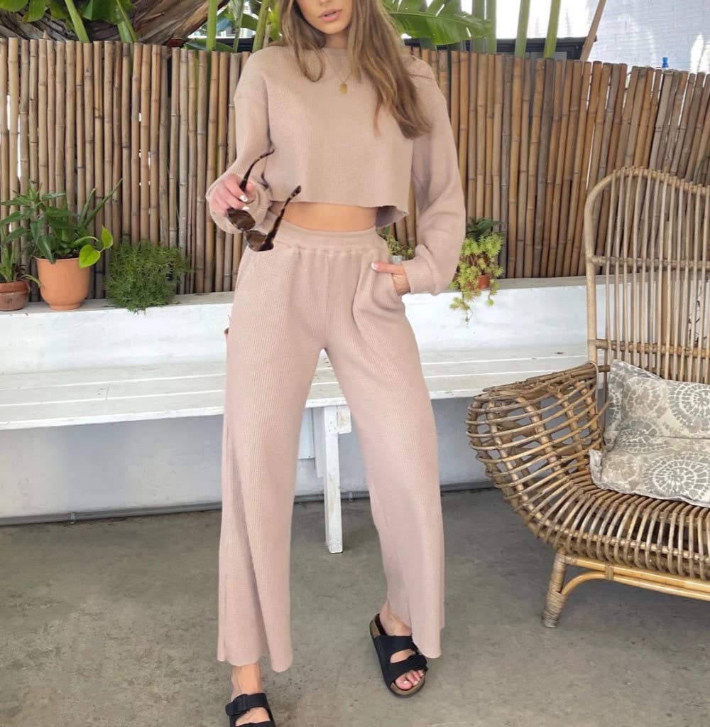Waffle long sleeve crop top wide leg pant 2 piece set