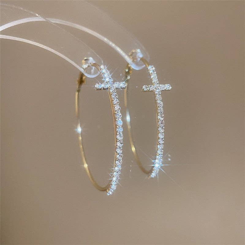 Silver Diamond Cross Round Ear Hoops