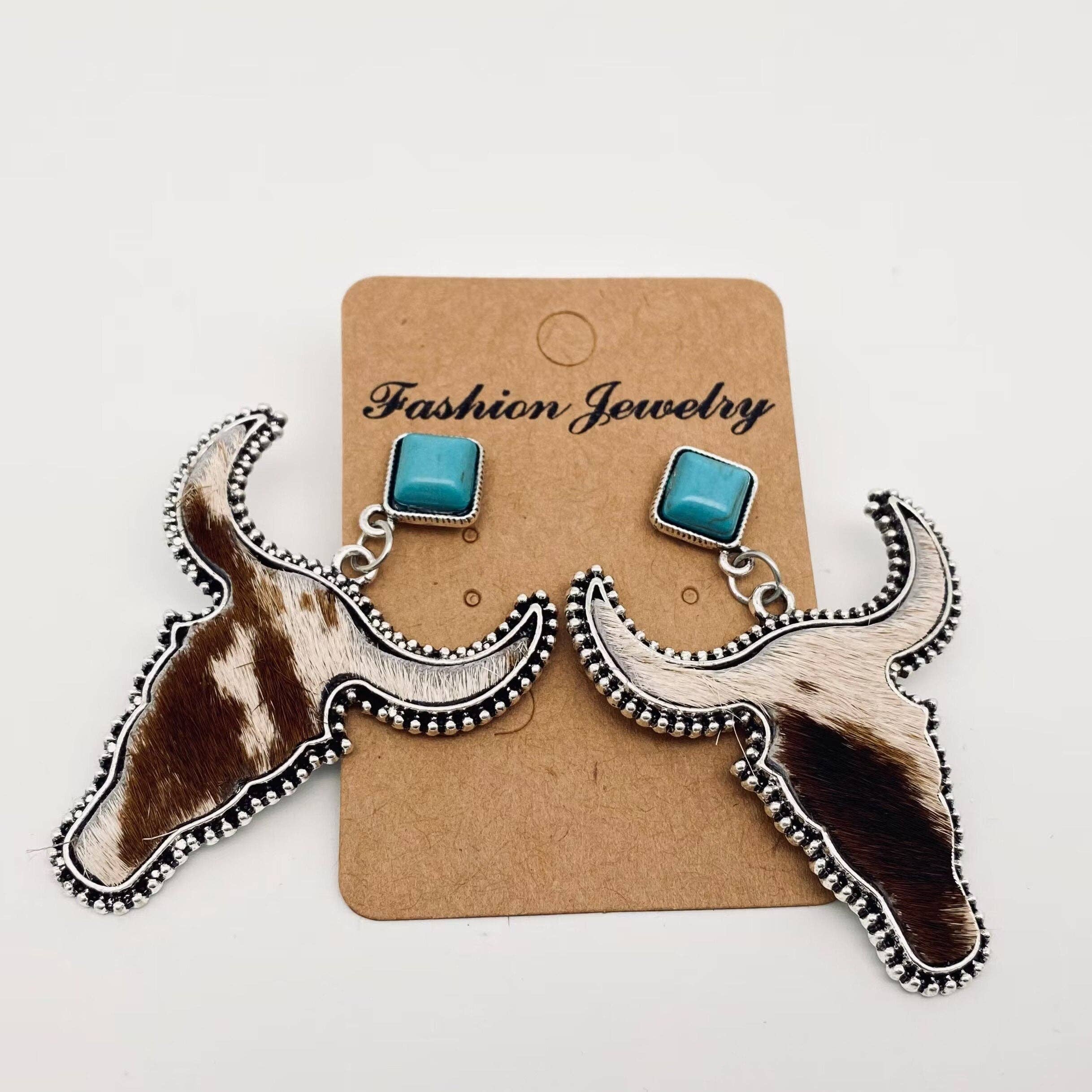 Western Style Cowhide Cowhead Shape Stud Earrings - WJ