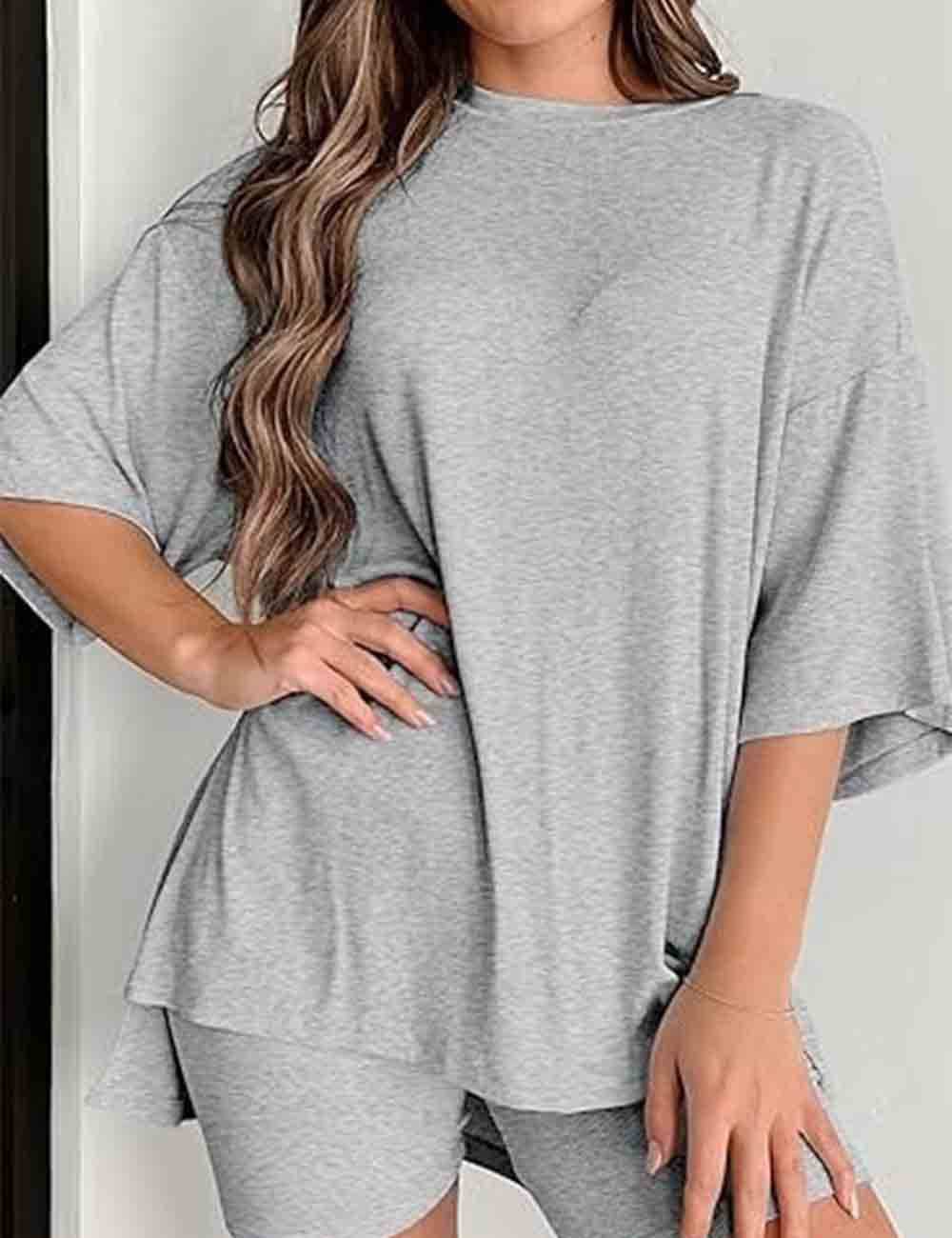 Ladies Round Neck Solid Color Short Sleeves Top & Shorts 2PCS Set