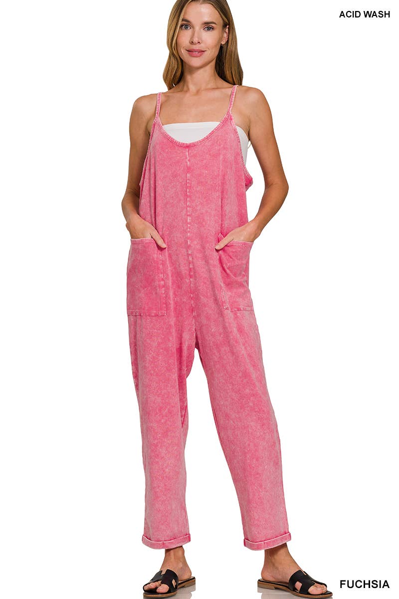 `.Washed Spaghetti Straps Overalls W/ Pockets