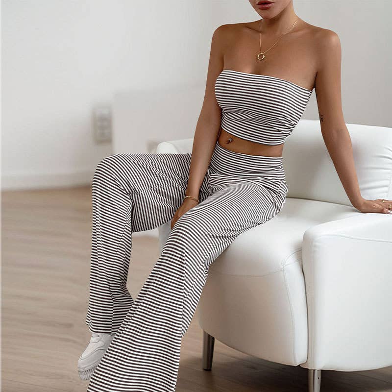 Striped Bandeau Cropped Wide-Leg Pants Two-Piece Set