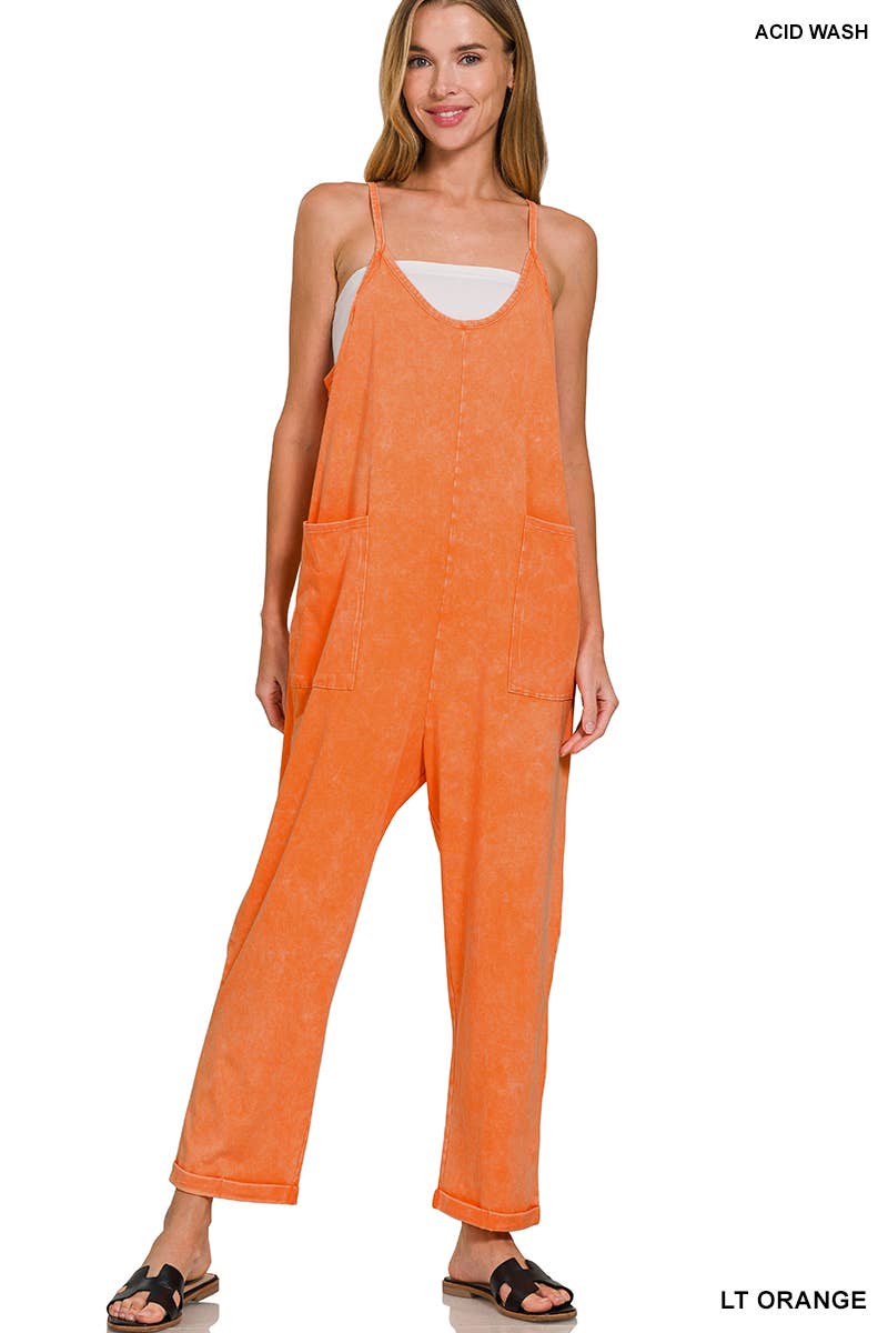 `.Washed Spaghetti Straps Overalls W/ Pockets
