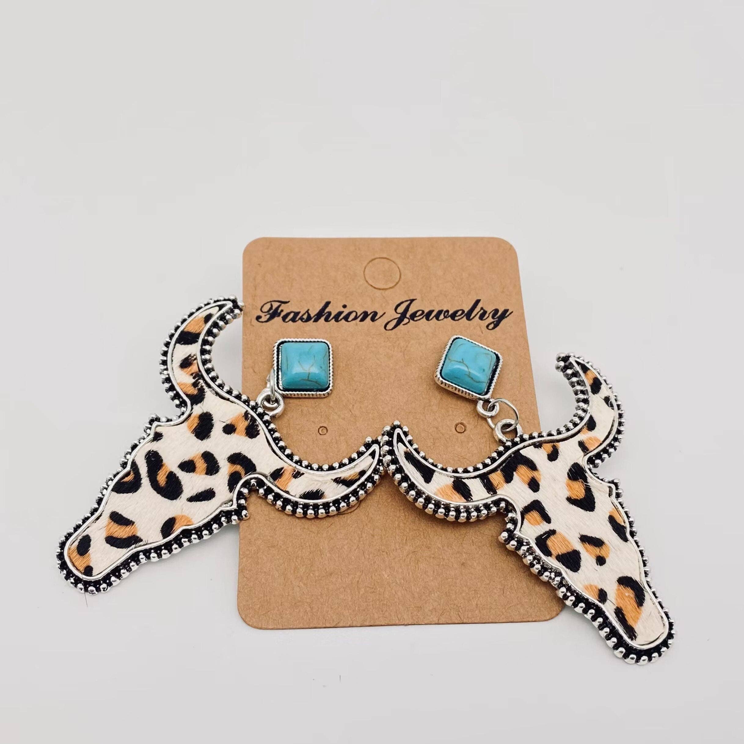 Western Style Cowhide Cowhead Shape Stud Earrings - WJ