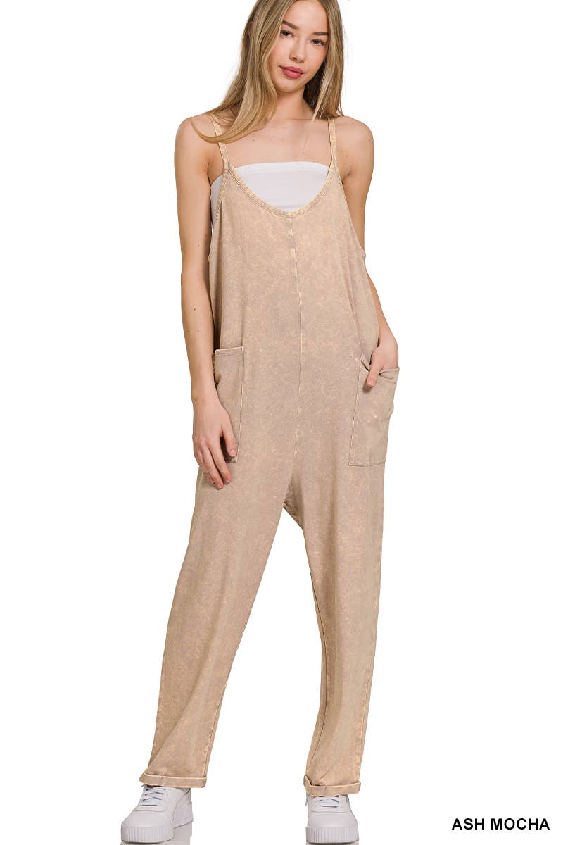 `.Washed Spaghetti Straps Overalls W/ Pockets