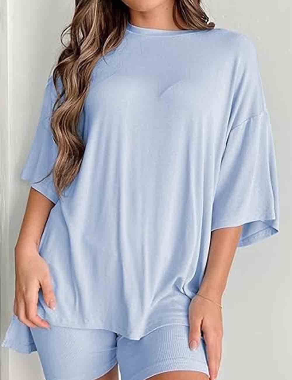 Ladies Round Neck Solid Color Short Sleeves Top & Shorts 2PCS Set