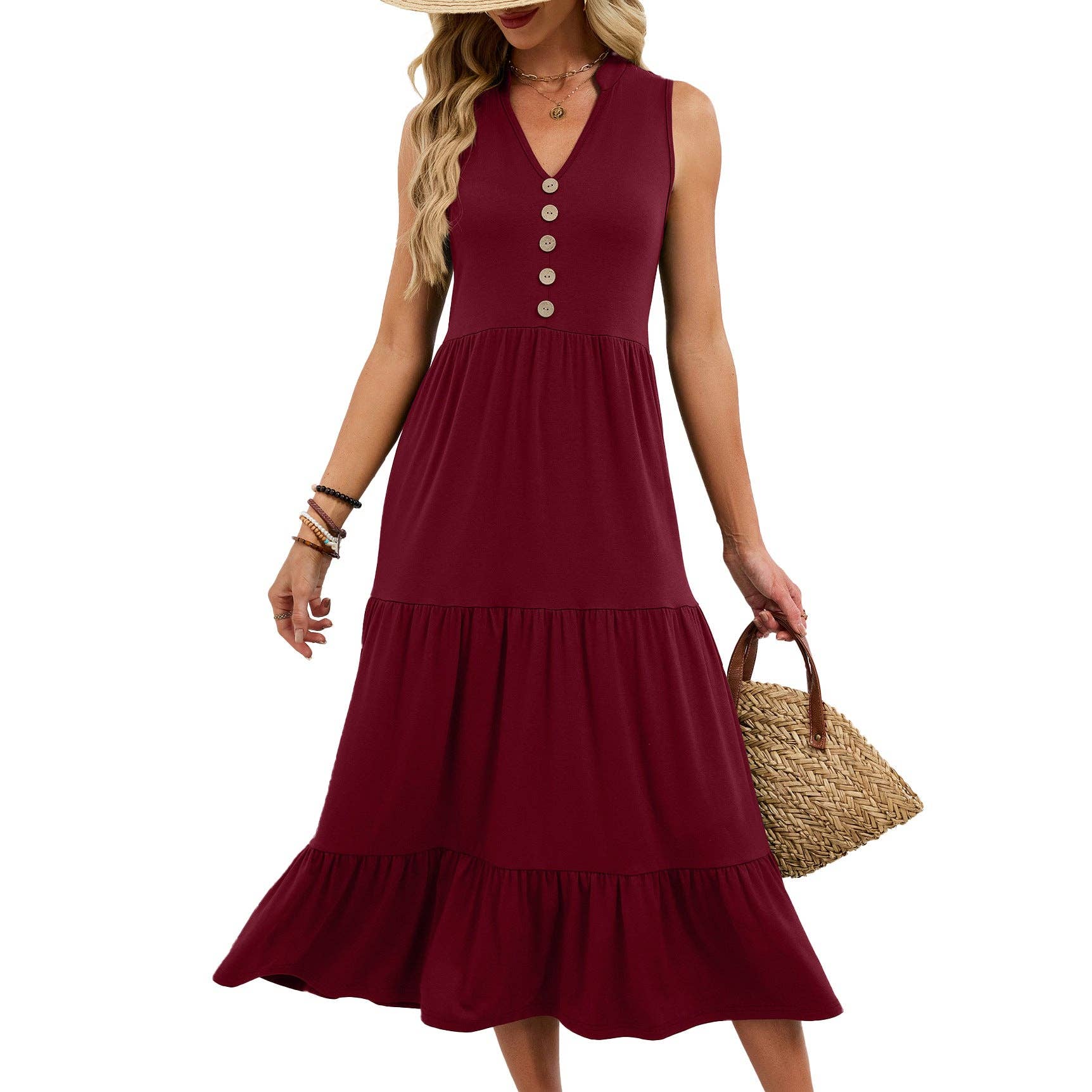 Sleeveless V-Neck Button Down Tiered Midi Dress Casual Summer