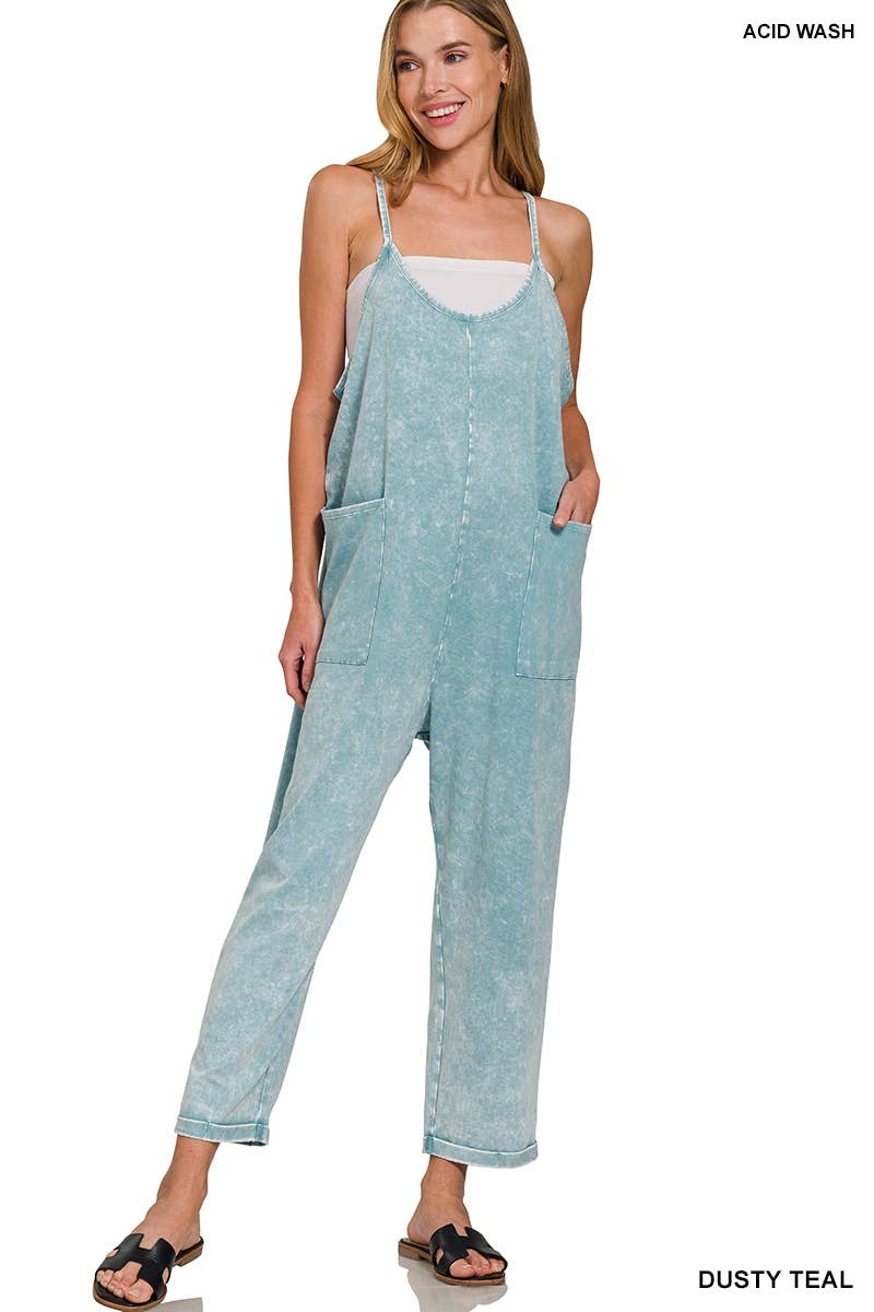 `.Washed Spaghetti Straps Overalls W/ Pockets