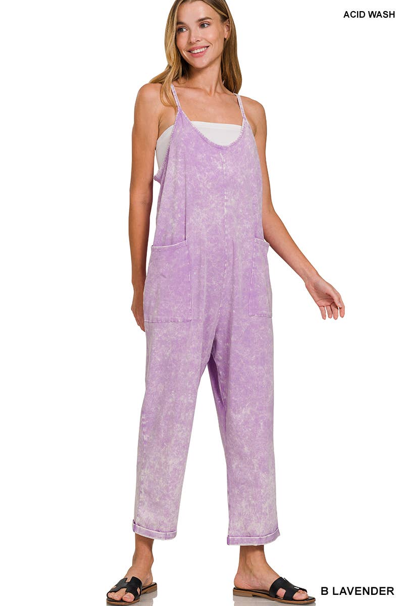 `.Washed Spaghetti Straps Overalls W/ Pockets