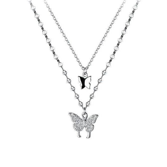 Butterfly Double Layering Necklace in 925 Sterling Silver