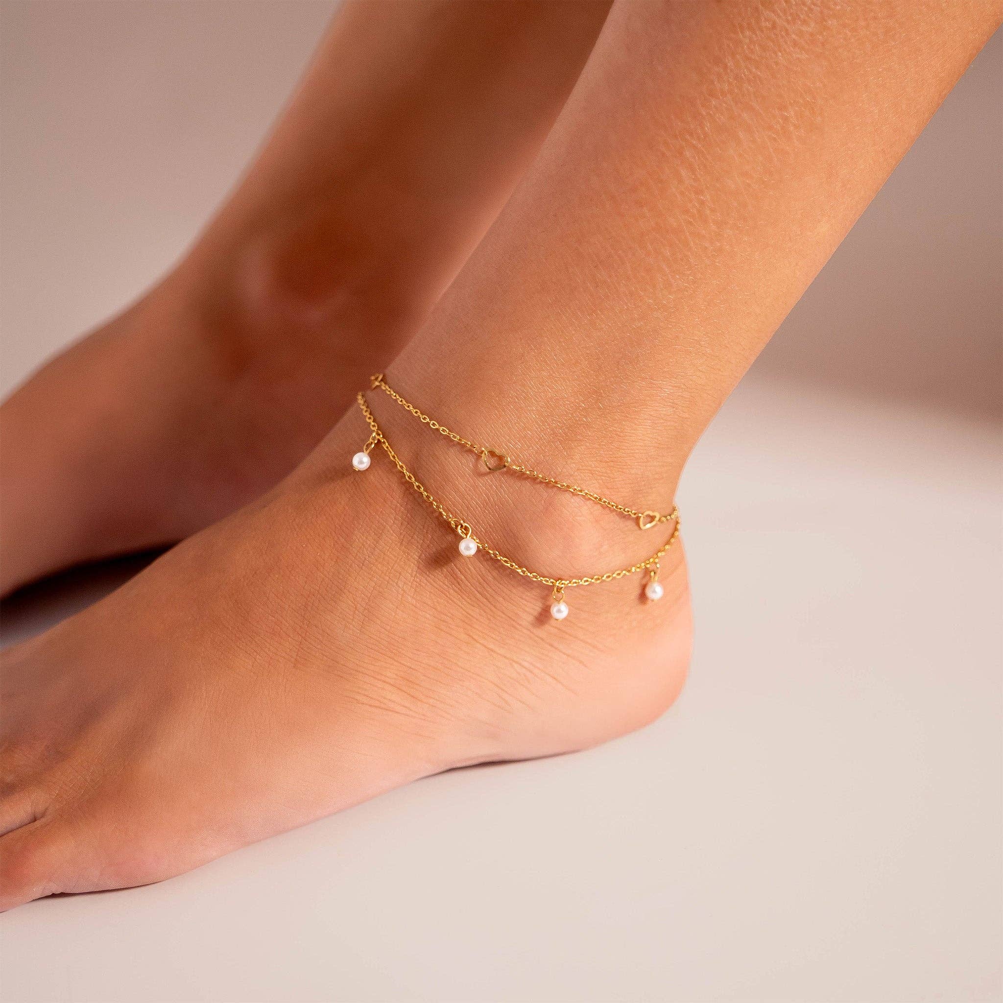 18K Gold PVD Stainless Station Hearts Chain Anklet