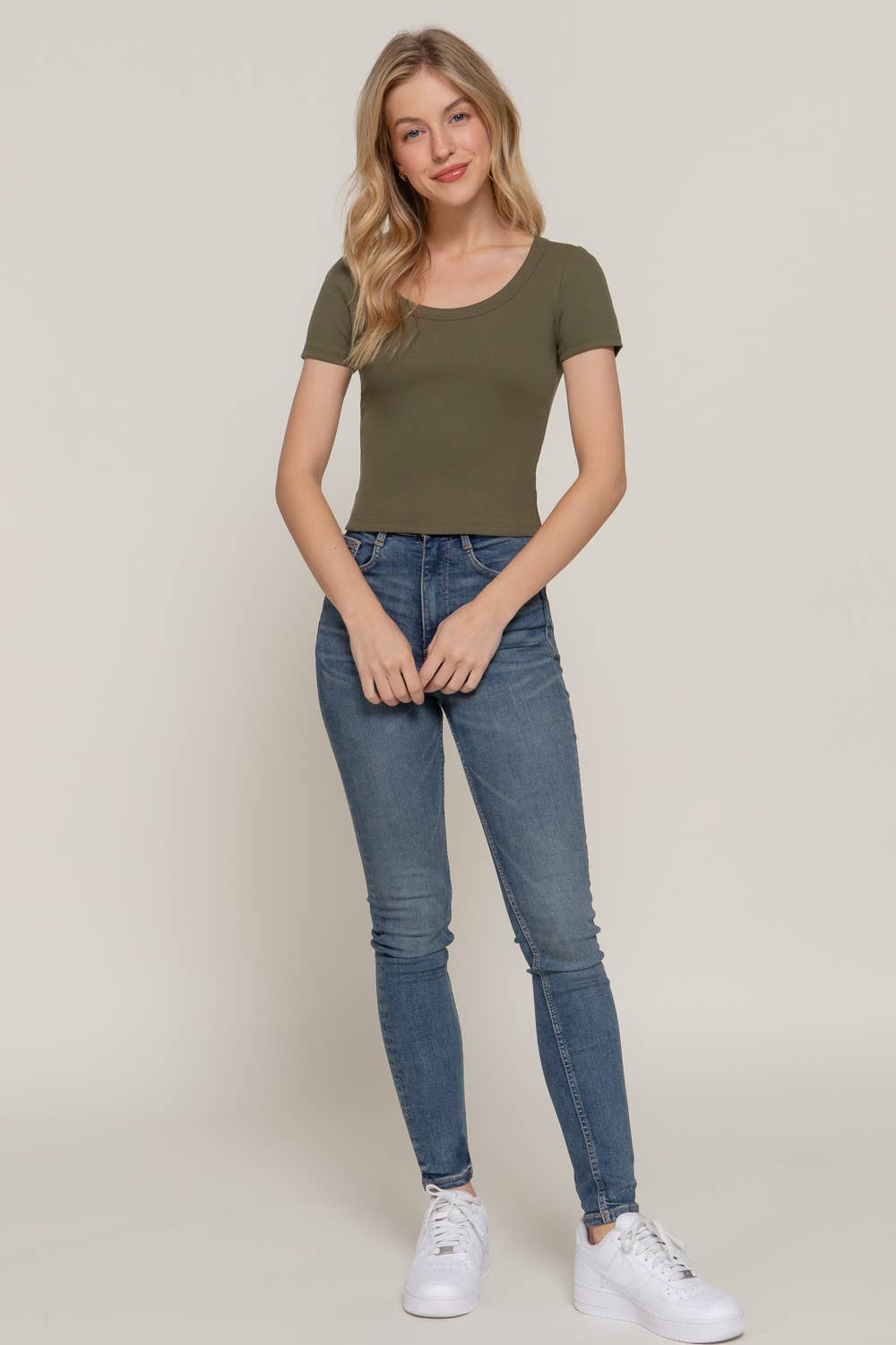 Short Sleeve Round Neck Cotton Rib Knit Top