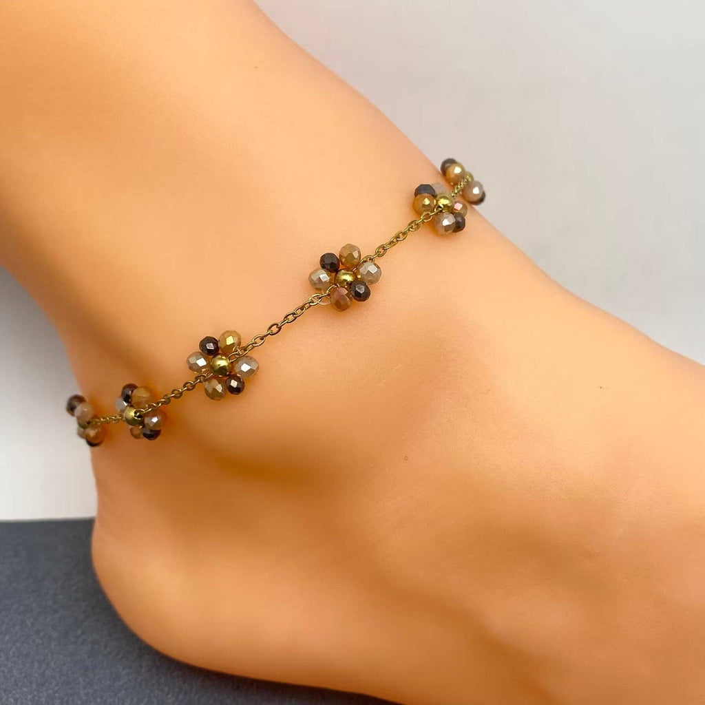 Glass Beaded Flower 18K Gold Plated S.Steel Anklet - FGS