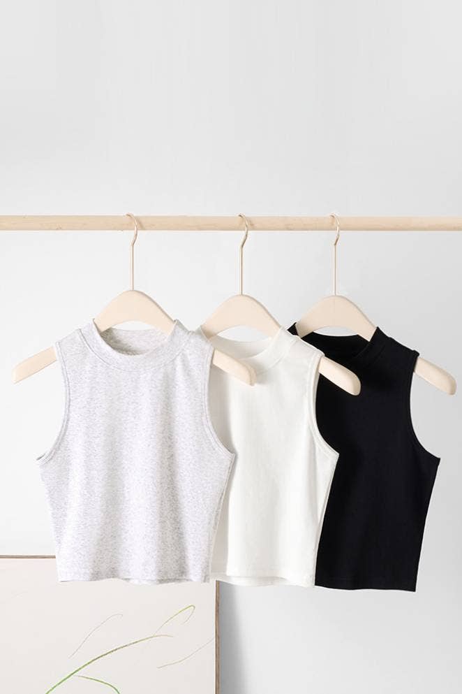 Basic Essential cotton blend fitted high neck crop tank top