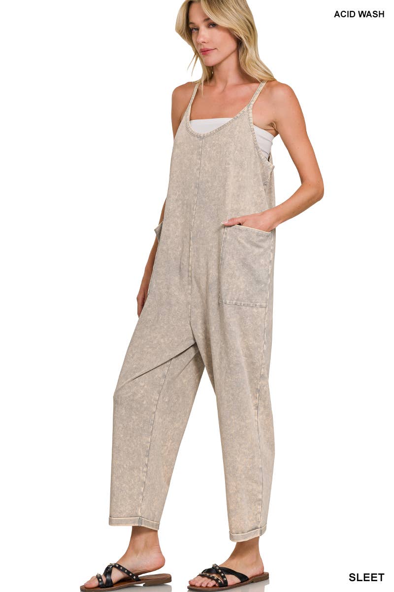 `.Washed Spaghetti Straps Overalls W/ Pockets