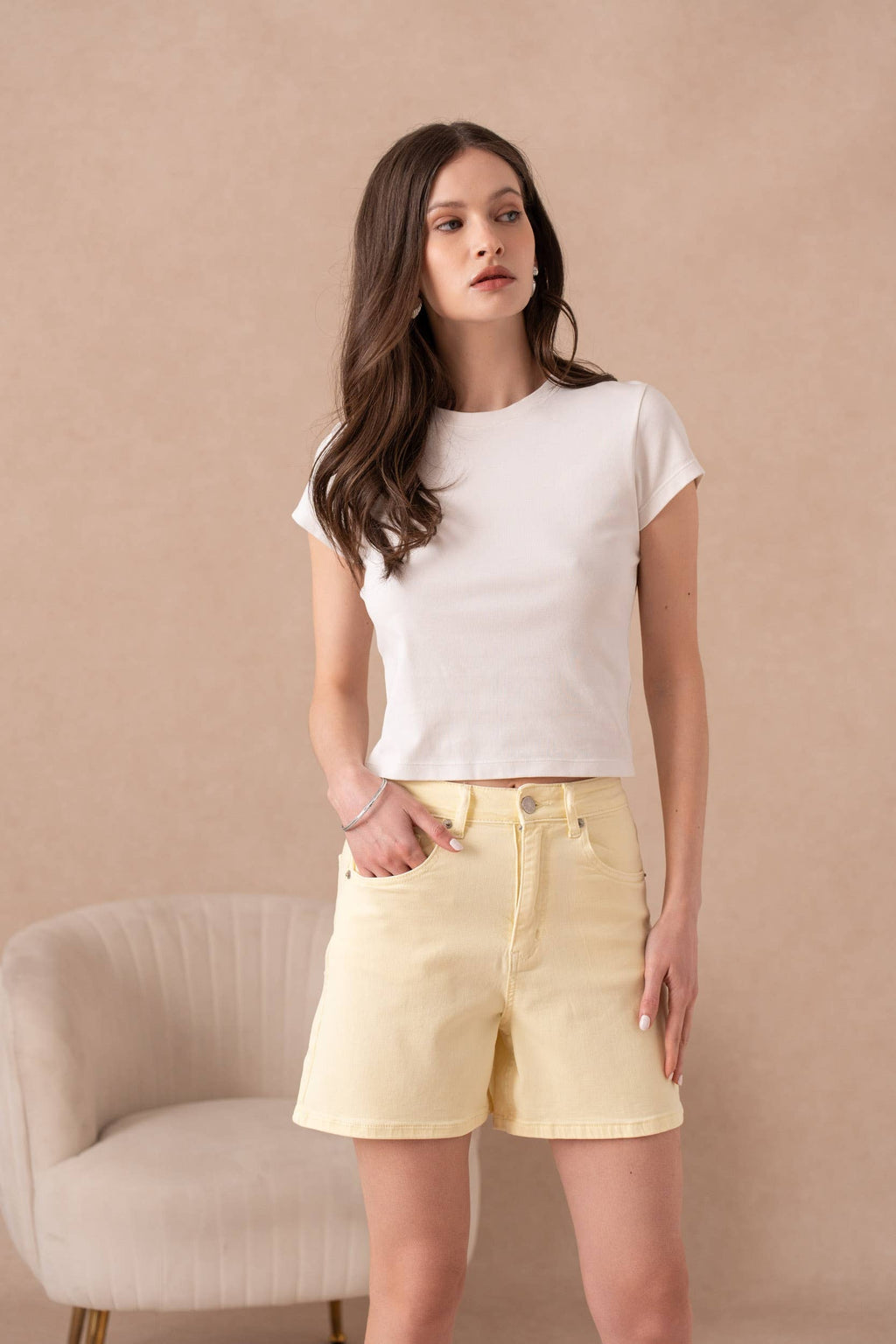 Mom-style denim shorts: Kaki clair / XS