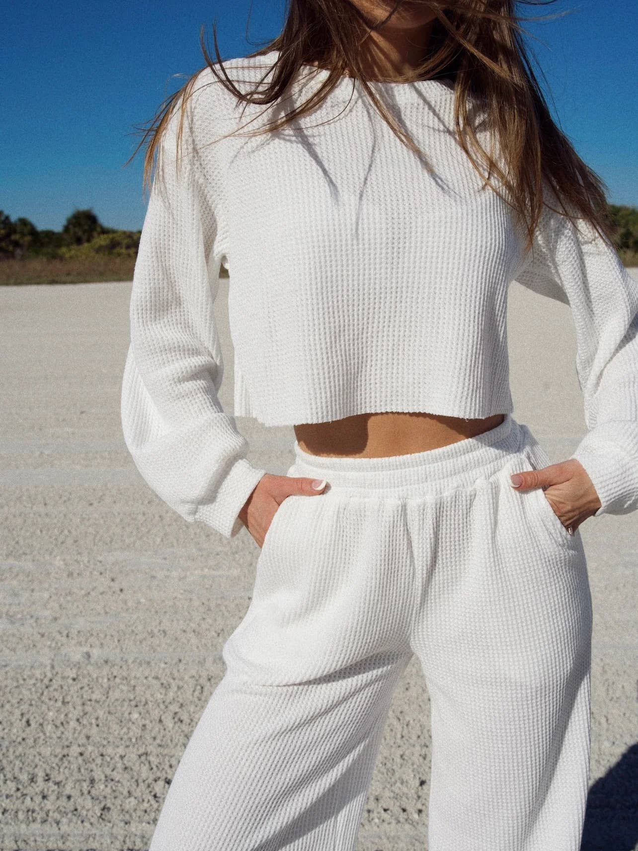 Waffle long sleeve crop top wide leg pant 2 piece set