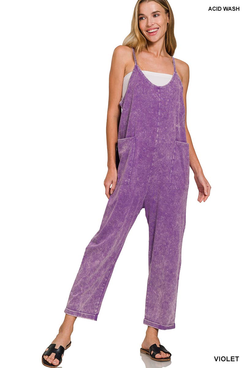 `.Washed Spaghetti Straps Overalls W/ Pockets