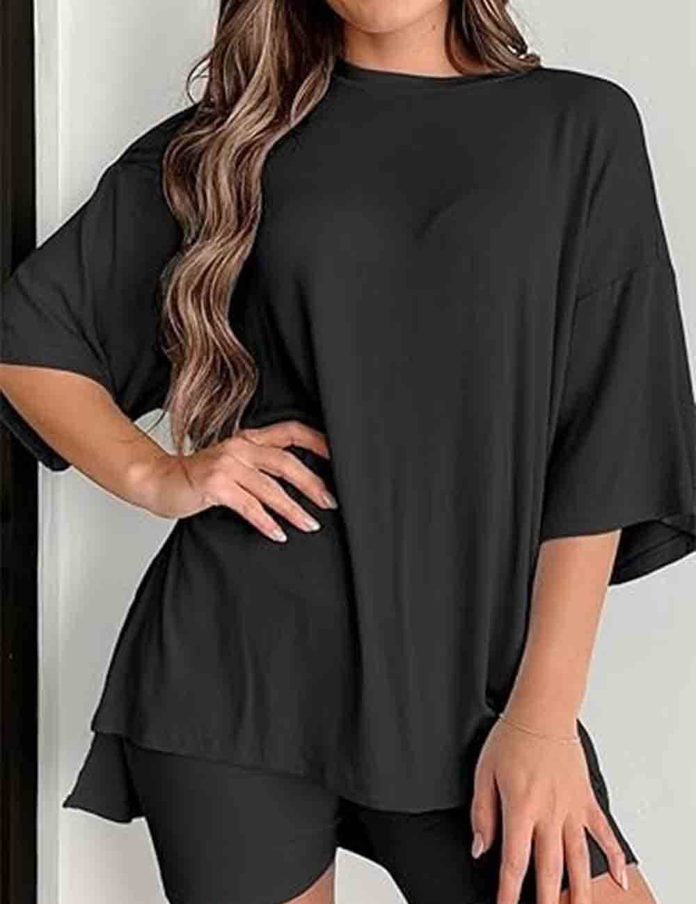 Ladies Round Neck Solid Color Short Sleeves Top & Shorts 2PCS Set