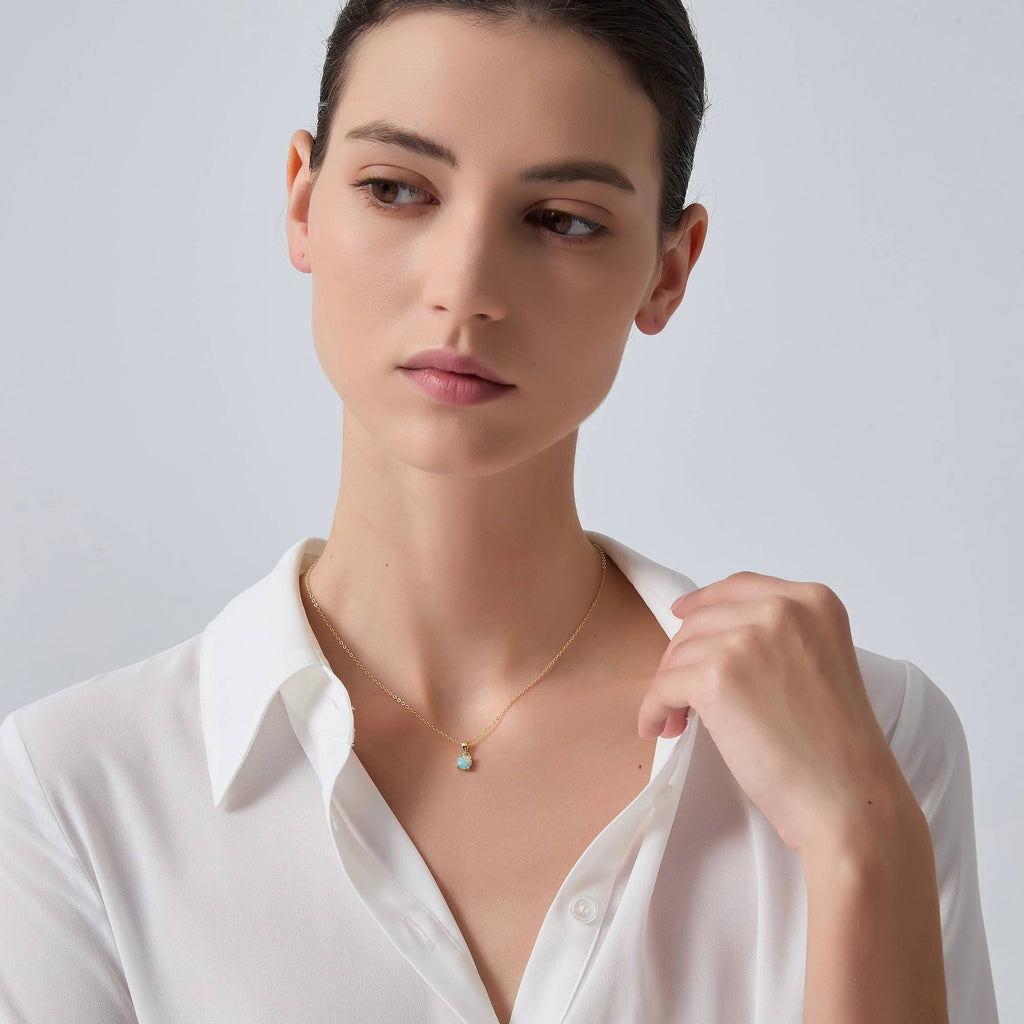 Solitaire Round Opal Pendant Necklace in 925 Sterling Silver
