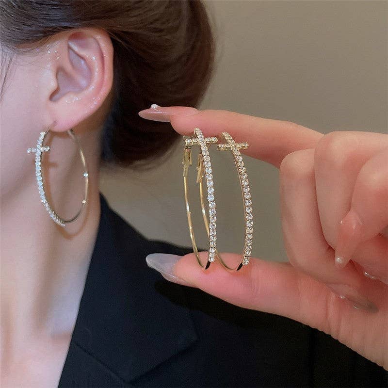 Silver Diamond Cross Round Ear Hoops