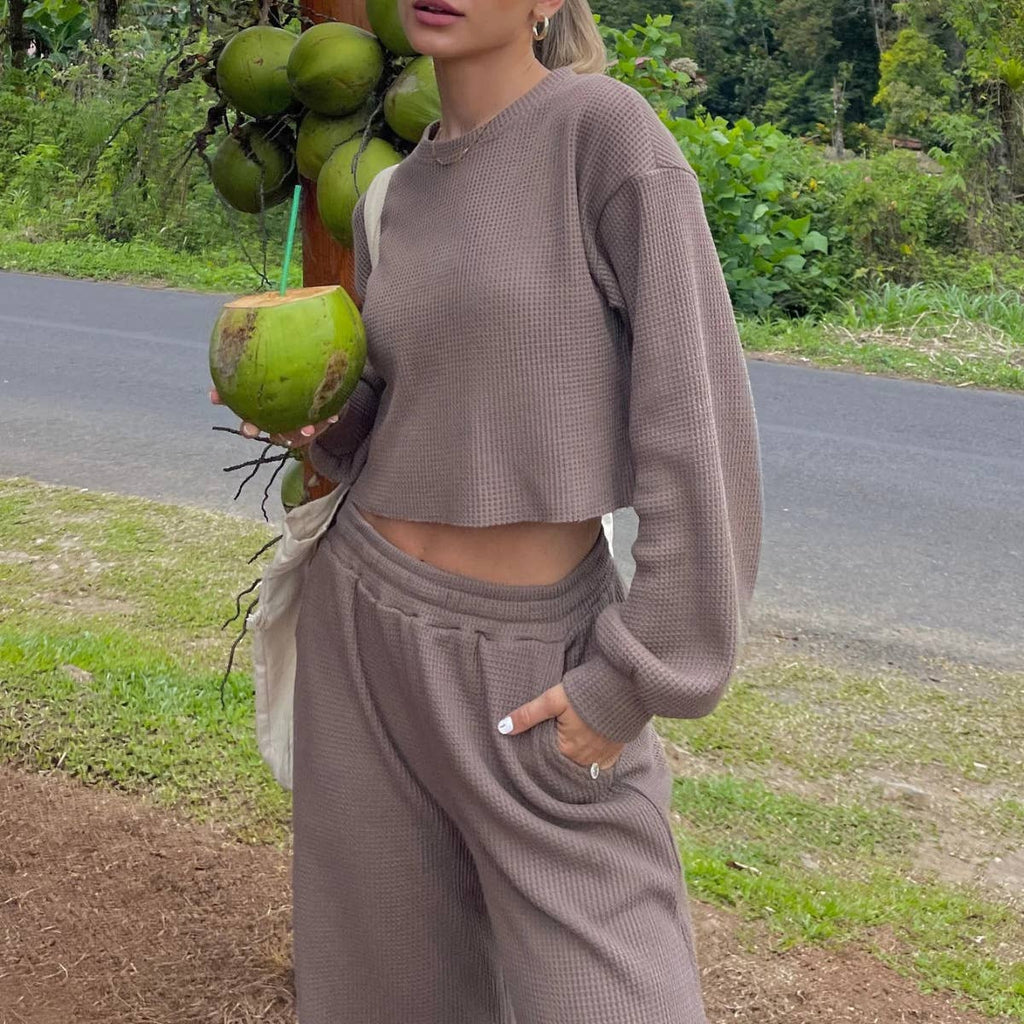 Waffle long sleeve crop top wide leg pant 2 piece set