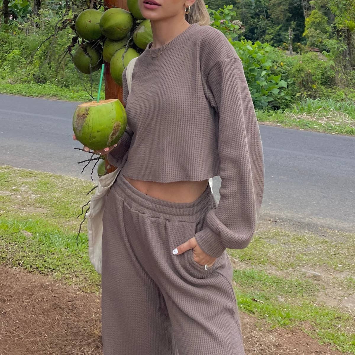 Waffle long sleeve crop top wide leg pant 2 piece set