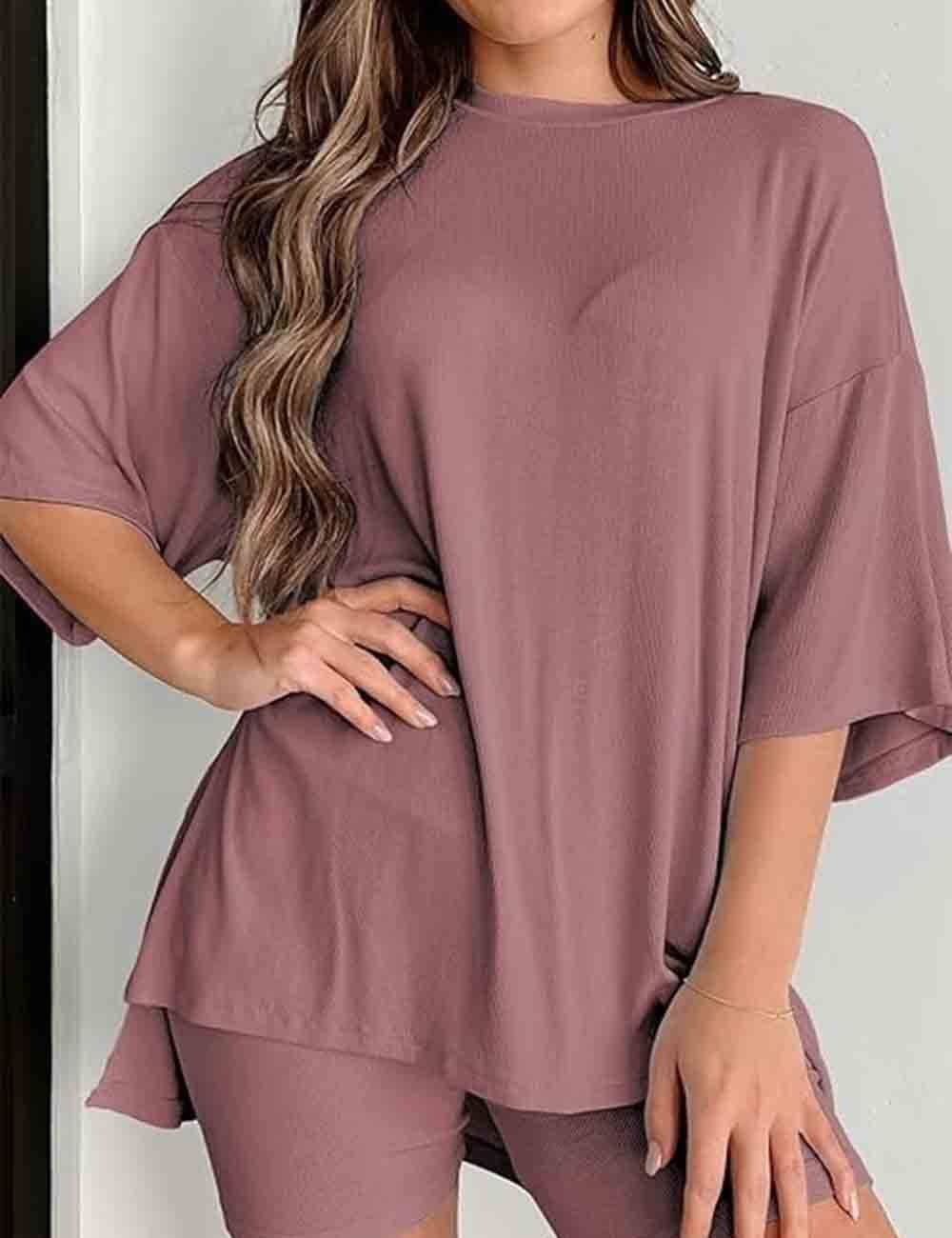 Ladies Round Neck Solid Color Short Sleeves Top & Shorts 2PCS Set