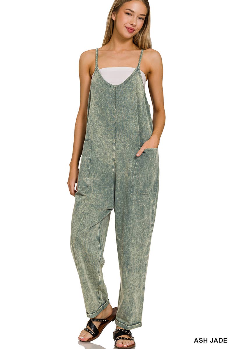 `.Washed Spaghetti Straps Overalls W/ Pockets